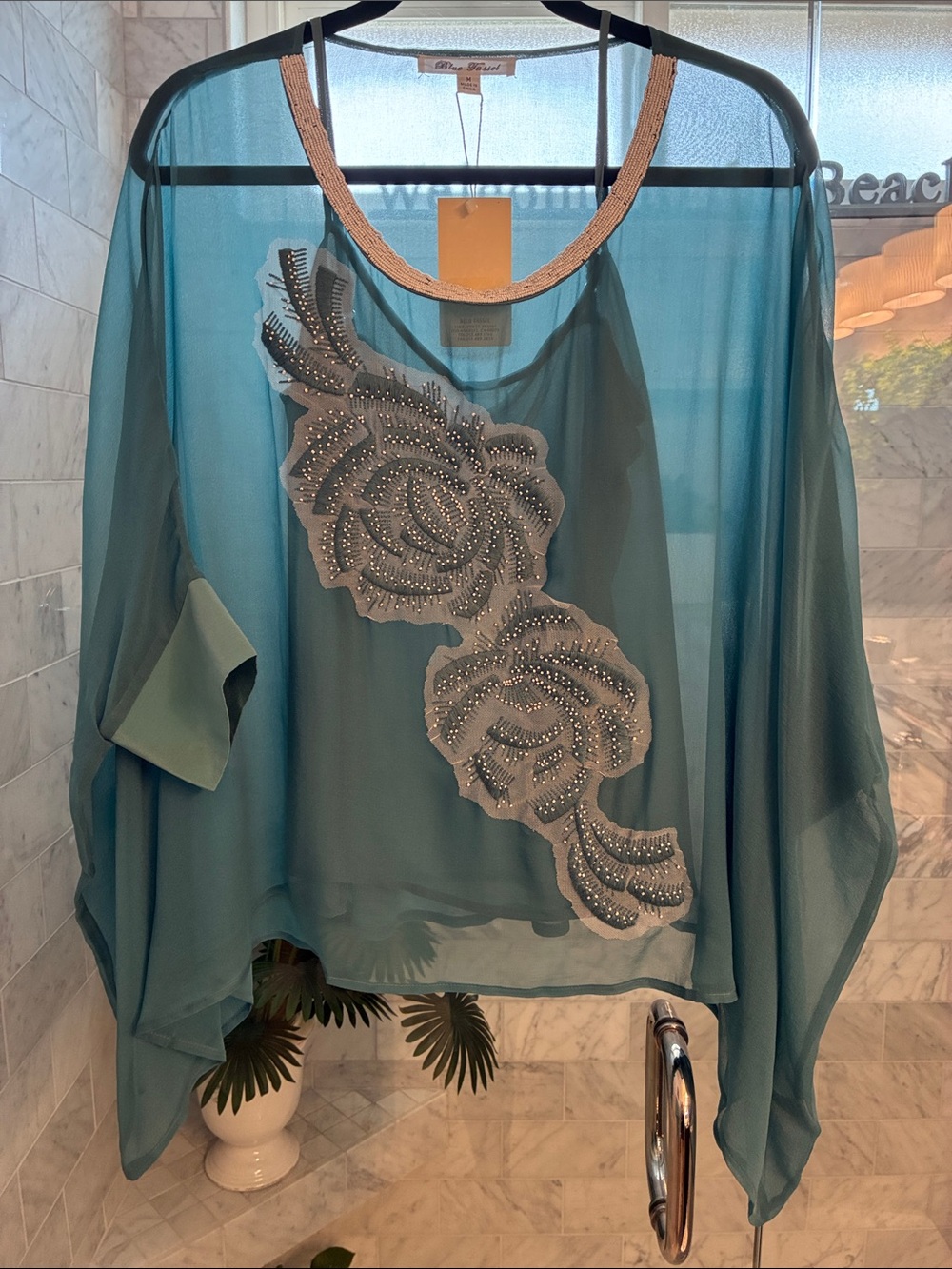 Blue Tassel Silk NWT Embellished Floral Overlay Top -